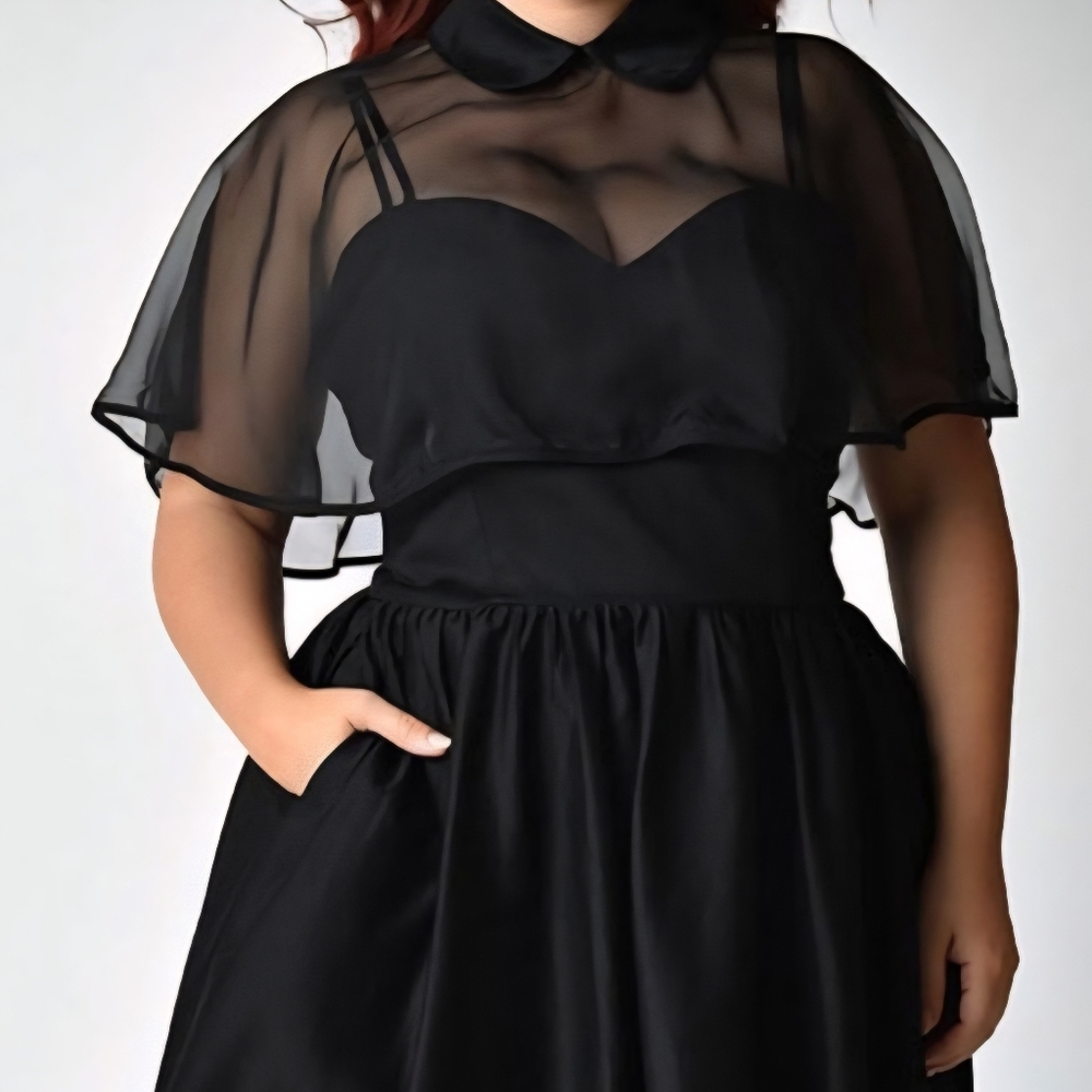 Unique Vintage Black Dress w Sheer Removable Cape Plus Size 3XL